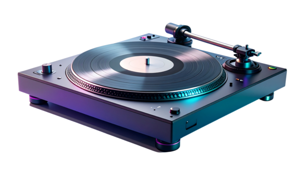 A sleek DJ turntable glows with retro vibes spinning music in a neon lit atmosphere isolated on solid white background Png format