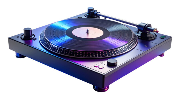 A sleek DJ turntable glows with retro vibes spinning music in a neon lit atmosphere isolated on solid white background in Png