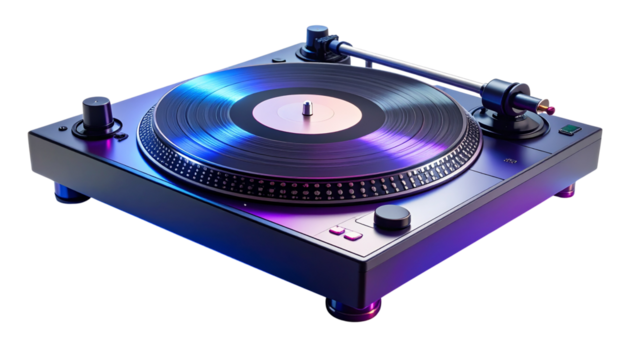 A sleek DJ turntable glows with retro vibes spinning music in a neon lit atmosphere isolated on solid white background in Png