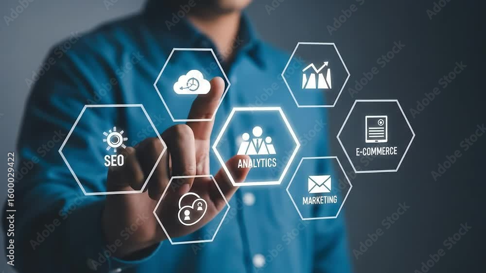 Poster Man interacts with a digital interface displaying icons representing various business concepts.