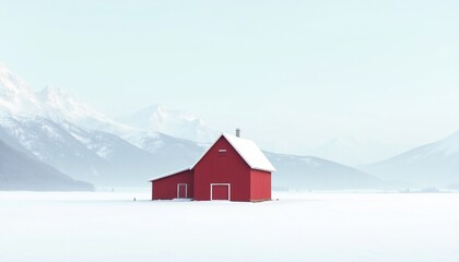 Fototapeta premium Red barn in snowy landscape with distant mountains Winter scene scenery