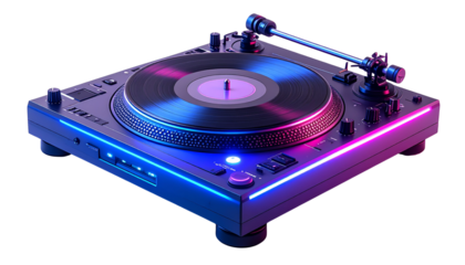 A sleek DJ turntable glows with retro vibes spinning music in a neon lit atmosphere isolated on solid white background
