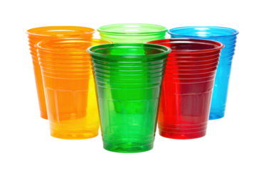 Colorful plastic cups for drinks event setup bright environment. Isolated on transparent background, png.