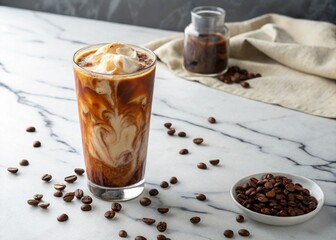 Refreshing coffee beverage with artistic cream swirl — ideal for cafes, drink ads, or menu design.