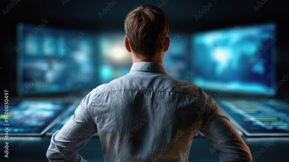 Poster marketing strategist analyzing ai generated reports on multiple screens, showcasing data visualizati