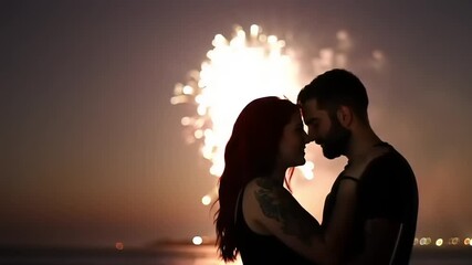 Romantic couple embracing under a vibrant fireworks display at a beach during twilight - Powered by Adobe