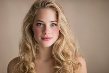 Naklejka premium Beautiful young woman with long wavy blonde hair and natural makeup portrait.