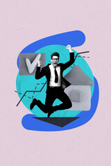 Vertical sketch 3d collage poster of happy guy stand new settlement accommodation checkmark...