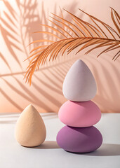 Fototapeta premium A modern still life featuring stacked beauty blenders in pastel colors, casting soft palm leaf shadows on a neutral background, showcasing minimalist beauty