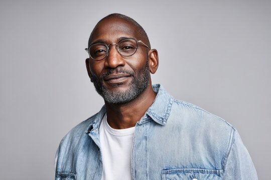 Mature African American man with glasses and beard wearing casual denim shirt.