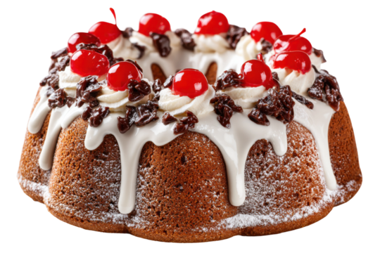 Delicious cherry topped bundt cake bakery food photography studio. Isolated on transparent background, png.