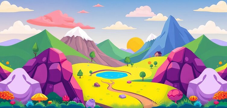 Vibrant cartoon vector landscape backgrounds, seamless repeat for game design, design, environment