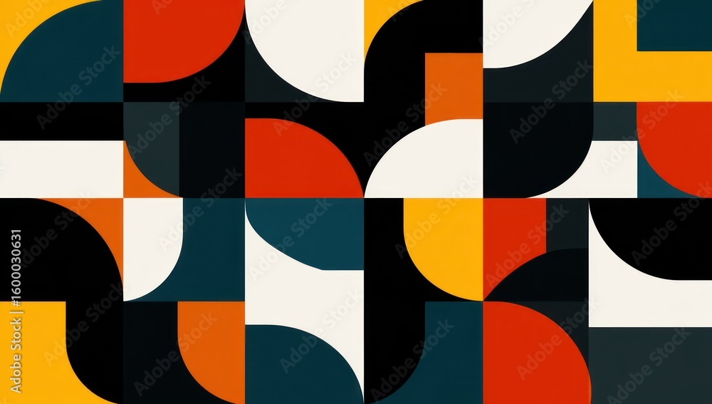 Poster geometric pattern of squares and circles in vibrant colors.