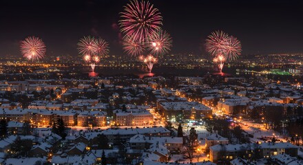 City fireworks display at night with snow