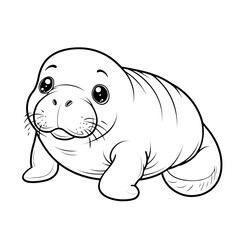 Cartoon Outline Cute Baby Manatee Aquatic Mammal Character Illustration. Ai Generated Images