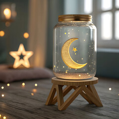 golden crescent moon floating in a glass jar ra