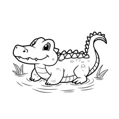 Fototapeta premium Handdrawn Outline Cute Crocodile Character Standing in Water Cartoon Illustration. Ai Generated Images