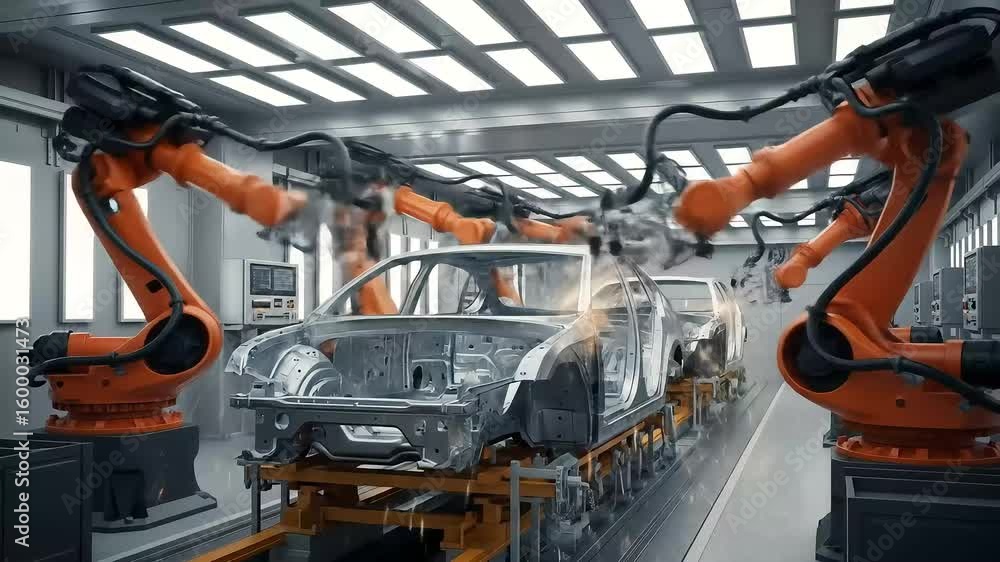 Aufkleber automated manufacturing line features robotic arms working on vehicle chassis in a modern factory.