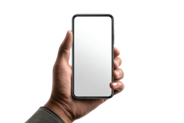 Hand holding blank smartphone studio digital mockup isolated. Isolated on transparent background, png.