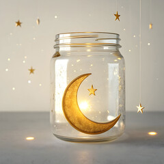 golden crescent moon floating in a glass jar ra