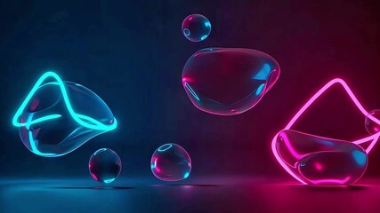 Abstract futuristic scene with glowing liquid bubbles and dynamic shapes illuminated by vibrant pink and blue neon lights. 3D rendered digital art. - Powered by Adobe