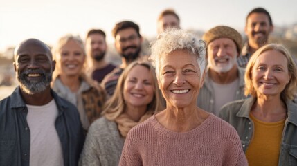 Obraz premium Diverse group of smiling mature adults outdoors celebrating friendship and community.