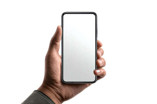Hand holding blank smartphone studio digital mockup isolated. Isolated on transparent background, png.