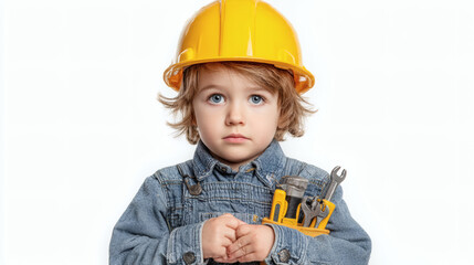 Child Wearing Hard Hat and Construction Overalls with Crossed Arms – Creative Kids Construction Illustration

