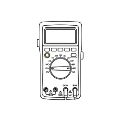 Detailed Line Art of a Digital Multimeter with Rotary Switch and Display.