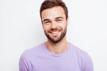 Friendly young man with smiling face and casual purple t shirt posing against white background.