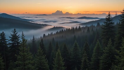 A breathtaking sunrise over a sea of clouds, viewed from a dense evergreen forest on a mountain range.