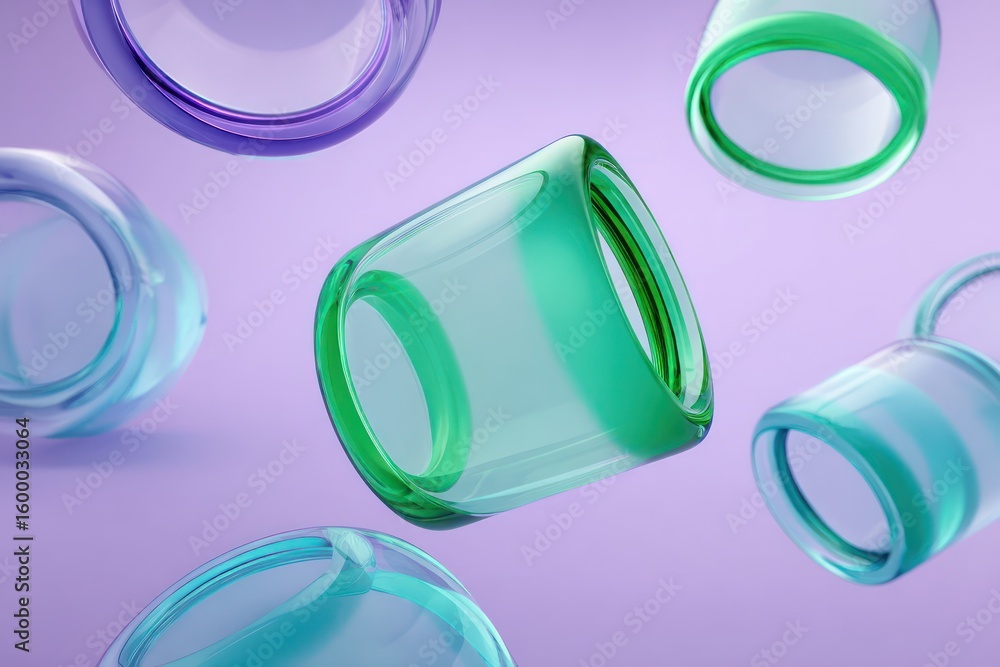 Poster gradient cylindrical liquid forms in shades of green and teal create a smooth design on a soft laven