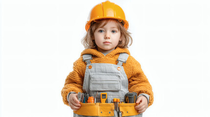 Young Child Playing Dress-Up in Toy Construction Outfit with Hardhat and Tool Belt

