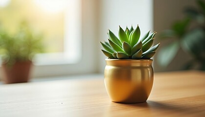 Fototapeta premium Succulent plant in a gold pot on a wooden table near a window A blurred background shows additional greenery