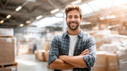 Fototapeta premium Smiling young man with beard in casual shirt standing with arms crossed in warehouse factory.