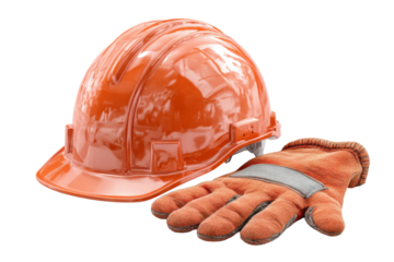 Construction site safety gear hard hat and gloves essentials. Isolated on transparent background, png.