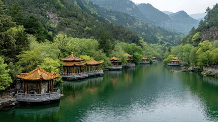 Serene mountain lake with pagodas