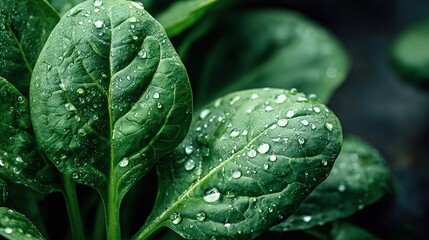 Obraz premium Fresh spinach leaves with water droplets 