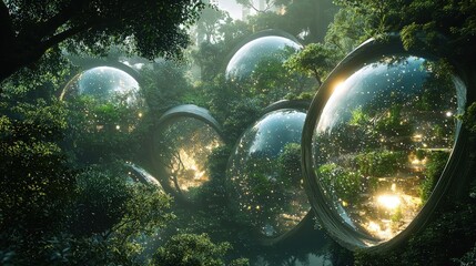 A futuristic forest with transparent domes.