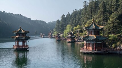 Tranquil lake with floating pagodas