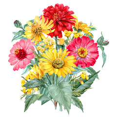 Hand-painted big bouquet with garden flowers and herbs in watercolor technique