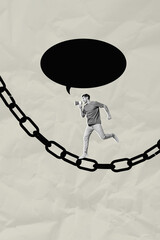 Sketch image 3d pop art banner collage of serious man scream megaphone chain trap bubble communication cloud monologue talk