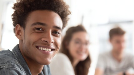 Fototapeta premium Smiling young African American man in casual clothing with diverse friends indoors.