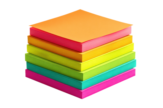 Colorful sticky notes stacked on desk office supplies vibrant top view. Isolated on transparent background, png.