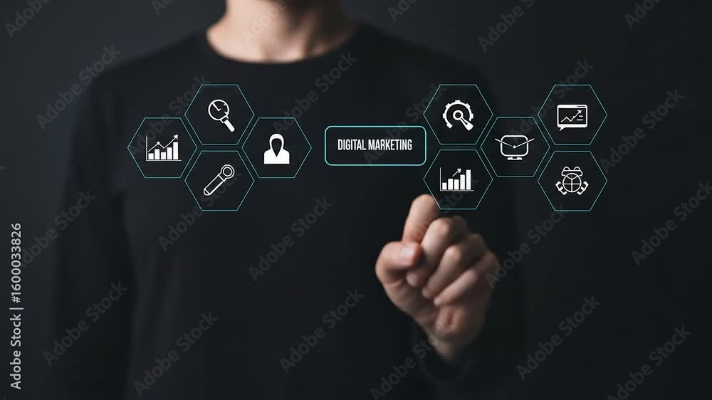 Poster man interacting with a digital interface displaying marketing icons, representing modern business