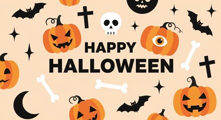 Happy halloween with spooky pumpkins bats and skulls