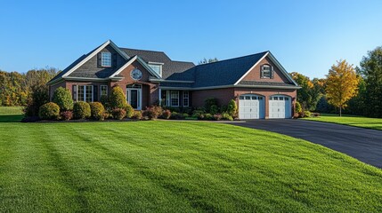Fototapeta premium Beautiful Suburban Home with Lush Green Lawn and Autumn Trees under a Clear Blue Sky: A Vision of Serene Residential Living and Exterior Landscape Design
