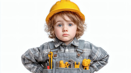 Child Wearing Hard Hat and Construction Overalls with Crossed Arms – Creative Kids Construction Illustration

