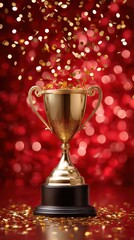 Celebratory trophy surrounded by golden confetti on a vibrant red background