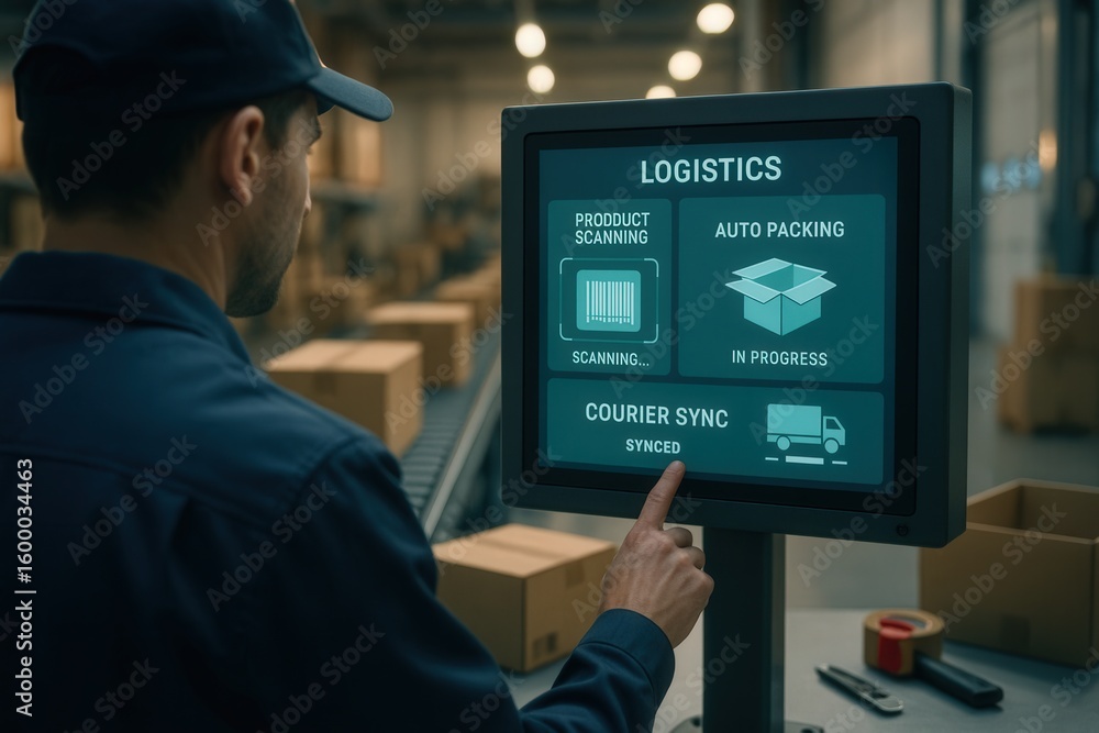 Poster warehouse worker interacts with digital logistics system displaying product scanning auto packing an
